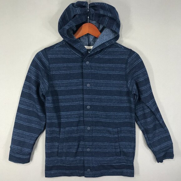 Old Navy Hoodie Shacket Boys Large 10-12 Blue Striped Jacket Snap Button Pockets - Picture 1 of 12